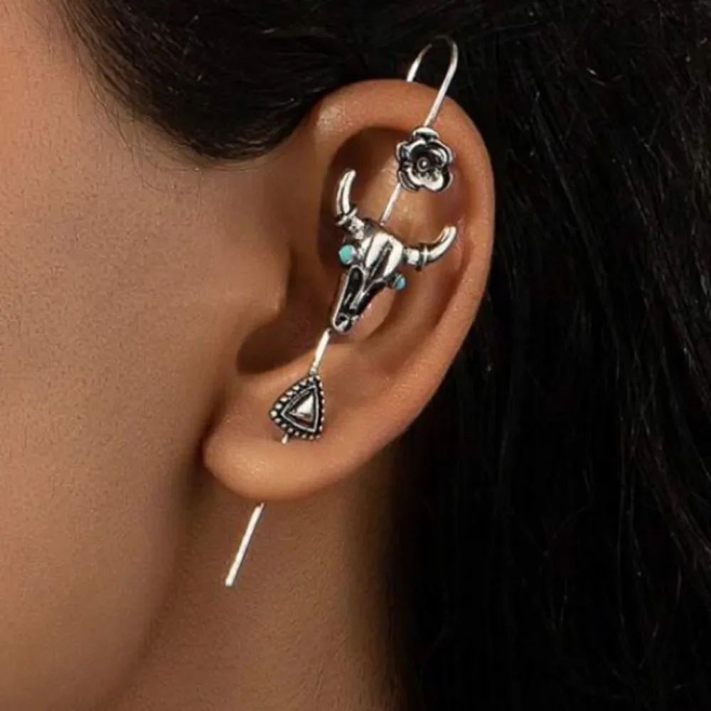 3for$20 1Pc Western Stone Decor Cow Head Cactus Long Pin Stud Earring Ear Cuff